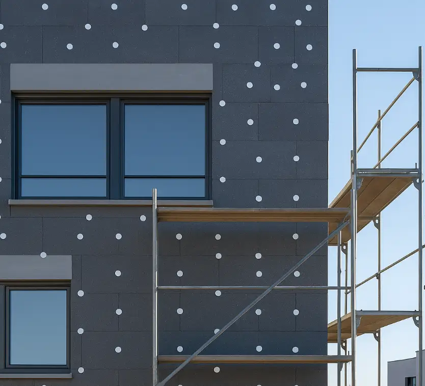 Maison en cours de rénovation avec pose de panneaux d’isolation extérieure en Seine-saint-Denis 93, échafaudage installé et chantier bien organisé