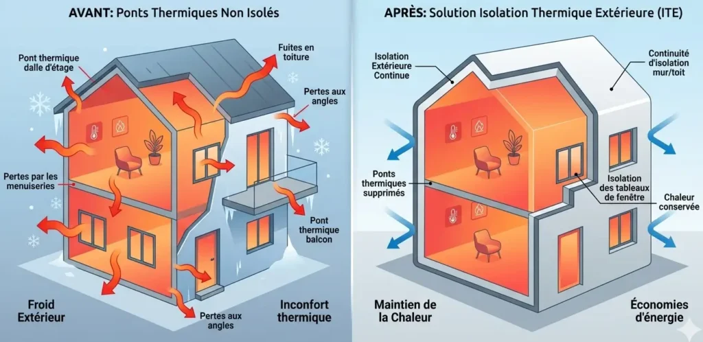 Coupe technique isolation thermique extérieure traitement pont thermique plancher