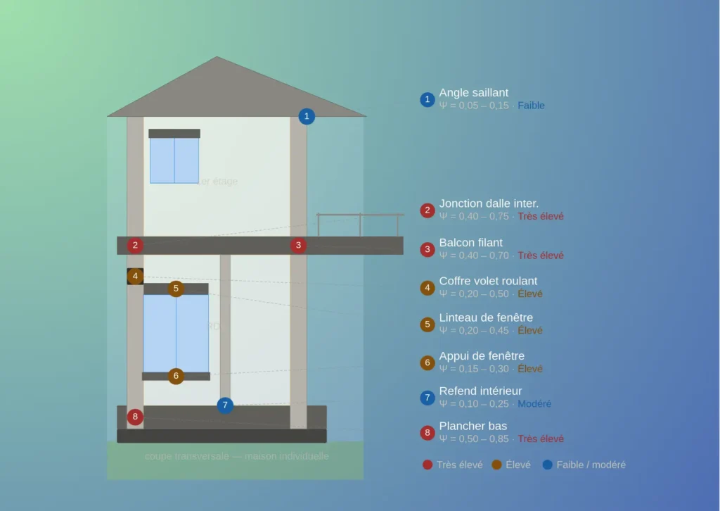 Schéma pont thermique jonction plancher intermédiaire et façade maison individuelle