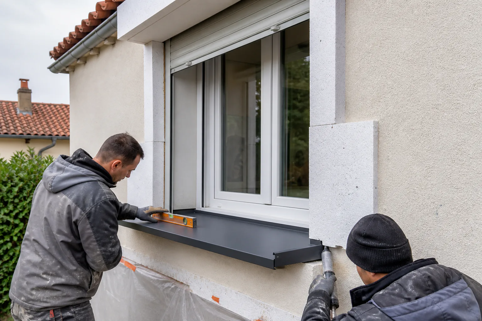 Détail d'un appui de fenêtre et d'un linteau traités lors d'une isolation extérieure