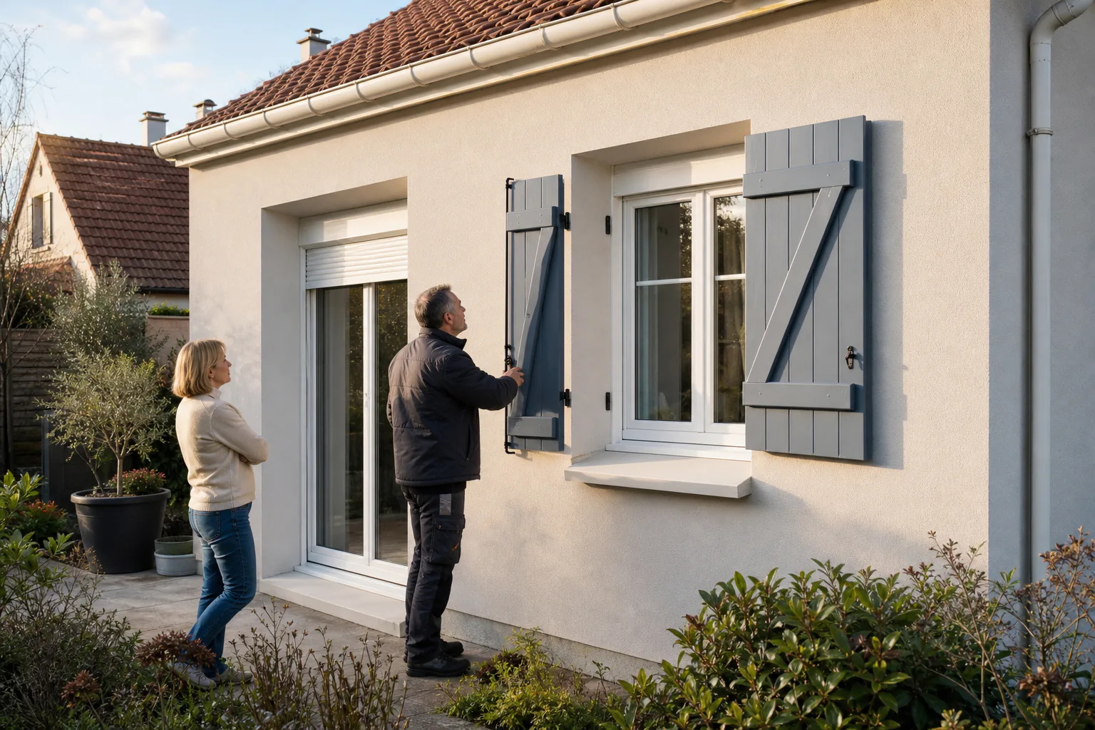 Pavillon isolé par l'extérieur avec fenêtres, volets battants et volet roulant correctement intégrés