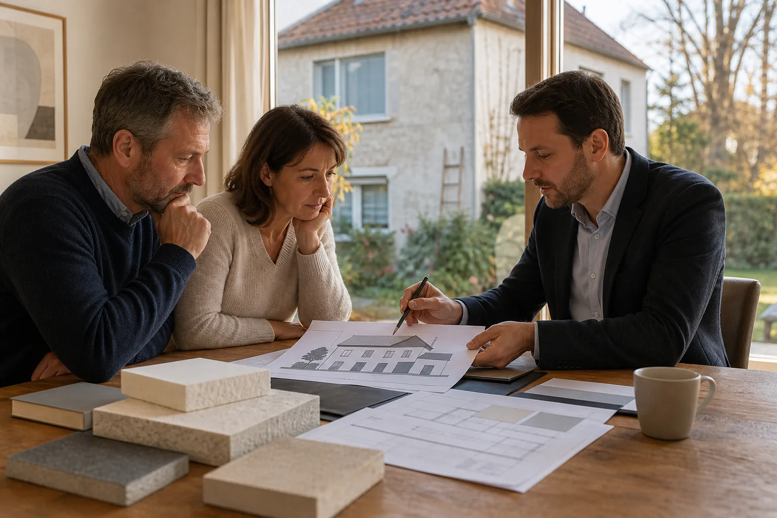 Propriétaires comparant un projet d’isolation extérieure avec un conseiller avant de choisir une entreprise RGE