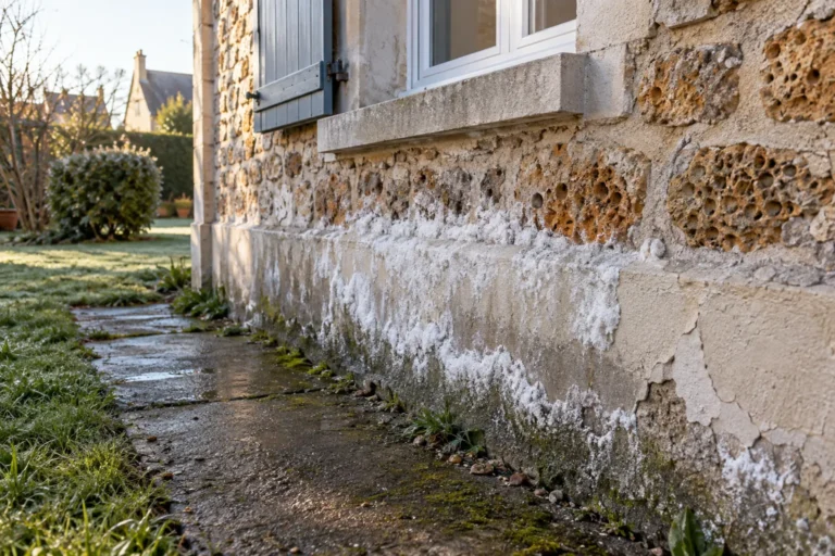 Salpêtre blanc et enduit dégradé au pied d’un mur extérieur en meulière francilienne