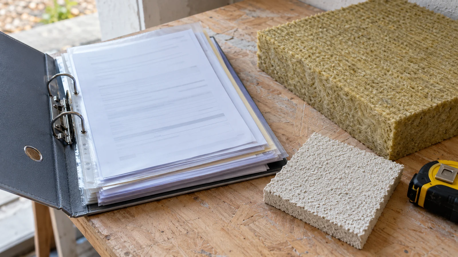 Dossier de préparation d’un chantier d’ITE accompagné d’échantillons d’isolant et d’enduit.