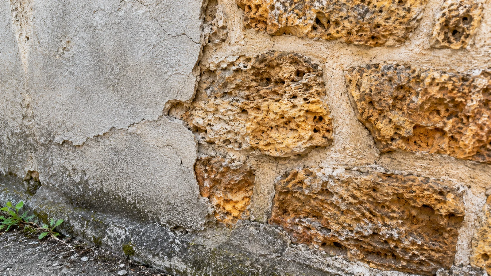 Détail d’un mur en meulière et de son ancien enduit à examiner avant isolation.