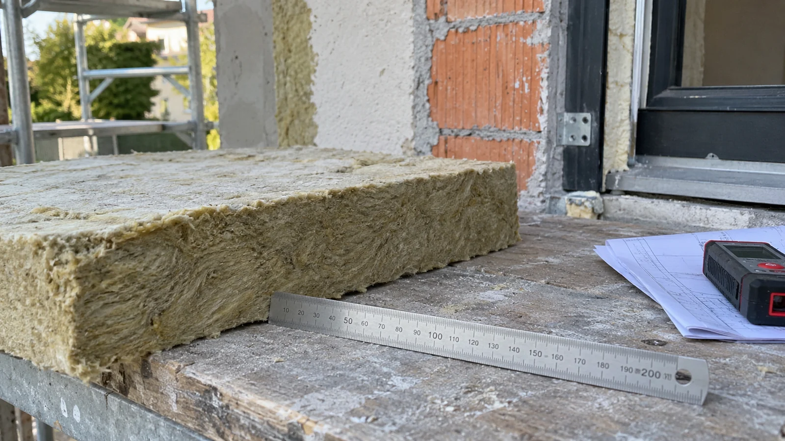 Panneau de laine minérale, règle et documents techniques sur un chantier d’isolation.