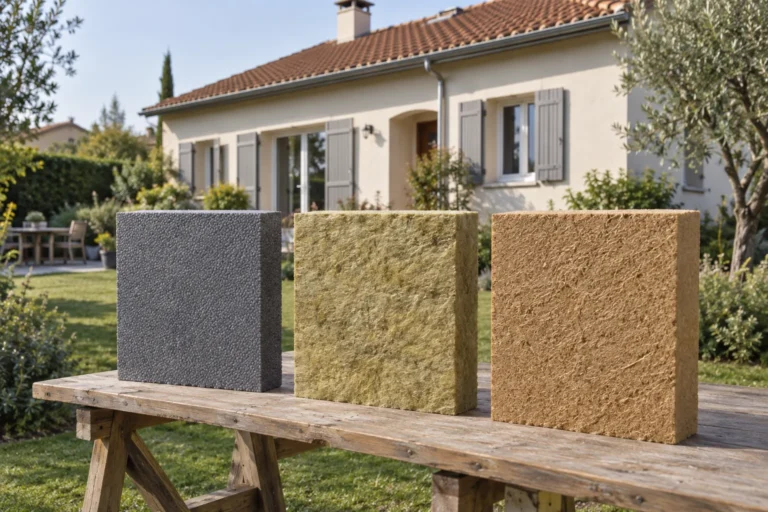 Échantillons de PSE graphité, laine de roche et fibre de bois devant un pavillon pour choisir son isolant ITE