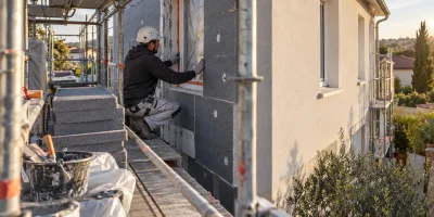 Chantier d’isolation extérieure vu depuis l’échafaudage, de la pose des panneaux à la façade terminée