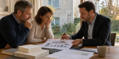 Propriétaires comparant un projet d’isolation extérieure avec un conseiller avant de choisir une entreprise RGE