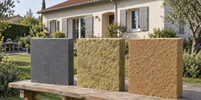 Échantillons de PSE graphité, laine de roche et fibre de bois devant un pavillon pour choisir son isolant ITE